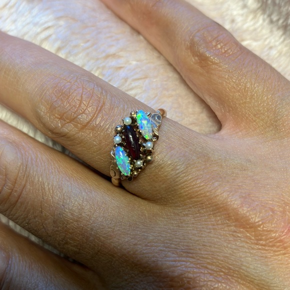Jewelry - Antique 10k Gold Opal, Garnet & Seed Pearl Cluster Ring | Victorian-Edwardian